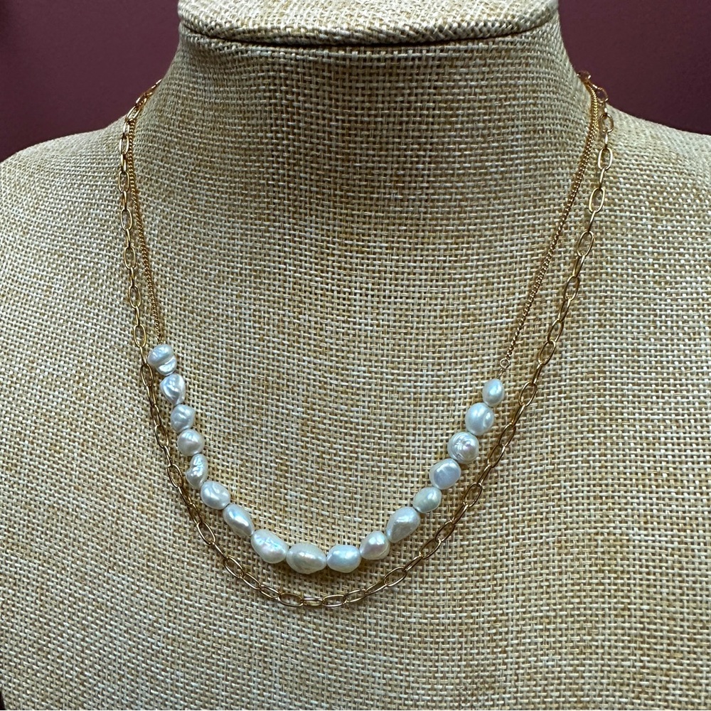 Double layer dainty necklace with pearl strand and chainlink strand TAI stamp